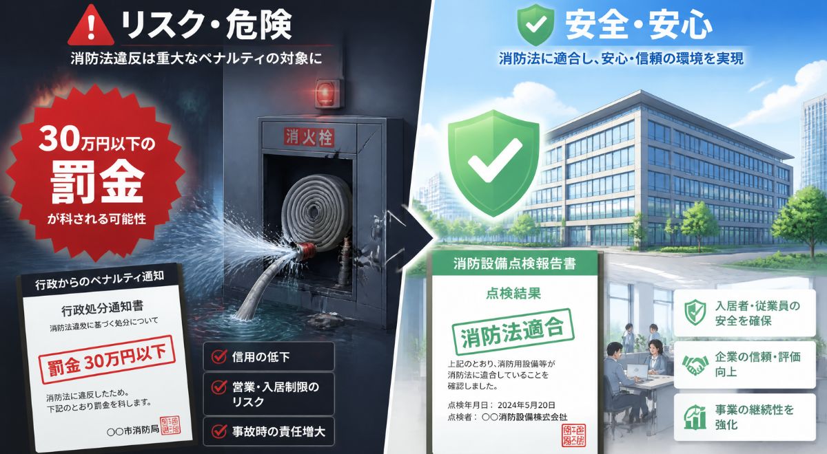 消防設備点検を怠った場合の罰則・火災被害リスクと、定期点検実施による消防法適合・安全確保の対比イラスト