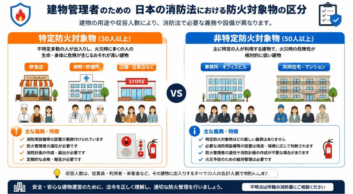 特定防火対象物と非特定防火対象物の収容人員による防火管理者選任基準の比較図