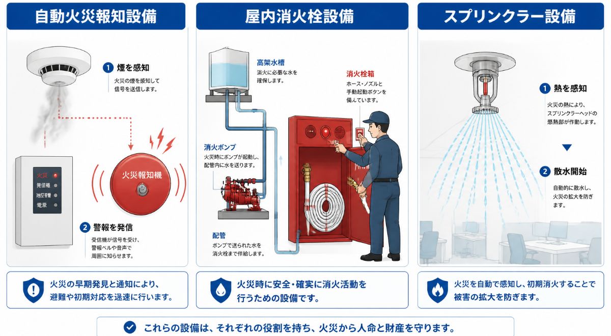 屋内消火栓設備の基本構成（水槽・ポンプ・消火栓箱）と、自動火災報知設備およびスプリンクラー設備との役割の違いを示す比較図