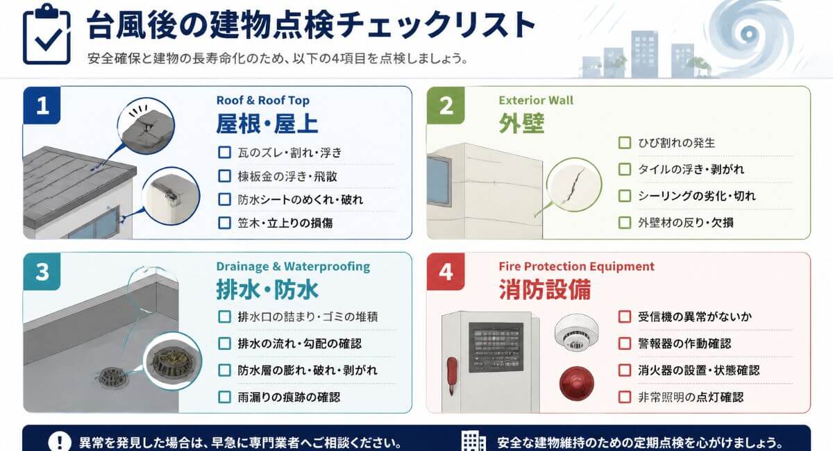 屋根・外壁・排水防水・消防設備の4つの主要エリアにおける台風後の点検チェックポイント一覧図