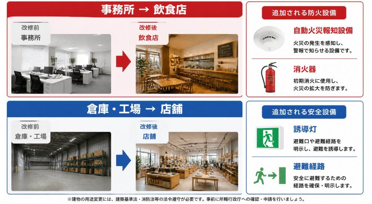 事務所から飲食店、倉庫から店舗への用途変更で追加・見直しが必要となる消防用設備の比較イラスト