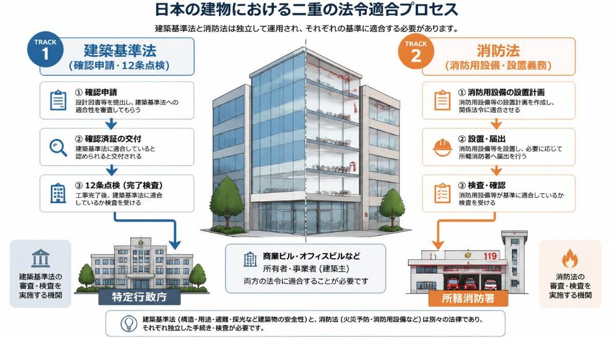 テナントの用途変更時における建築基準法と消防法の独立した審査ルートと窓口の比較図解
