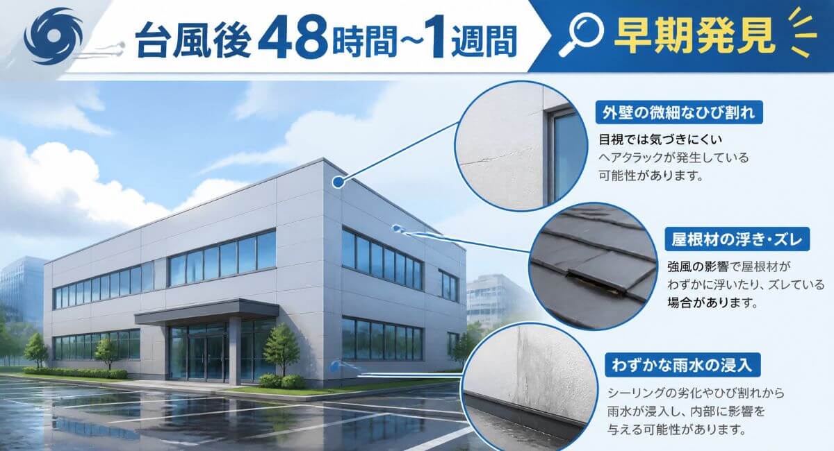 台風通過後の建物に潜む目に見えにくい微細な被害と48時間〜1週間以内の早期点検の重要性を示す図解